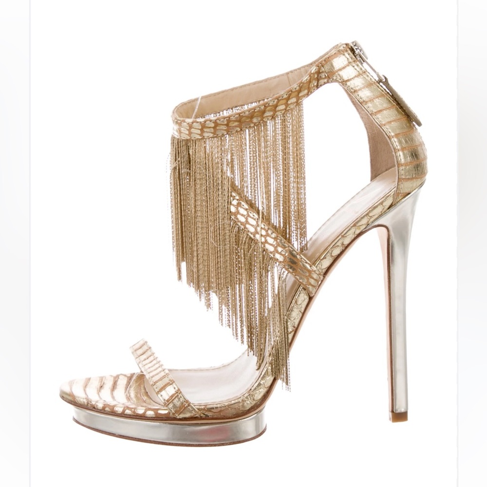 Brian Atwood Gold Fringe Sexy Heels Holiday Party Christmas New Year shoes 7 - Picture 1 of 8